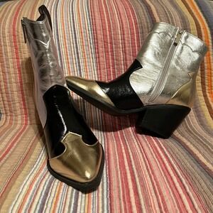 Western Ankle Boots Silver Black Gold Metallic Block Heel Pointed Toe Side Zip‎